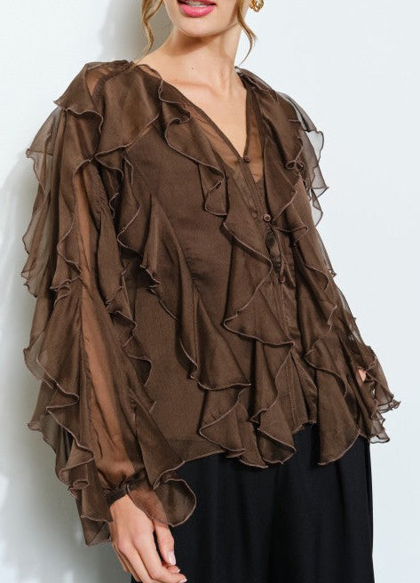 Espresso Layered Ruffle Sheer Blouse