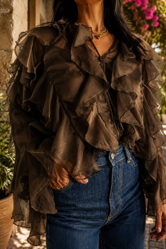 Espresso Layered Ruffle Sheer Blouse