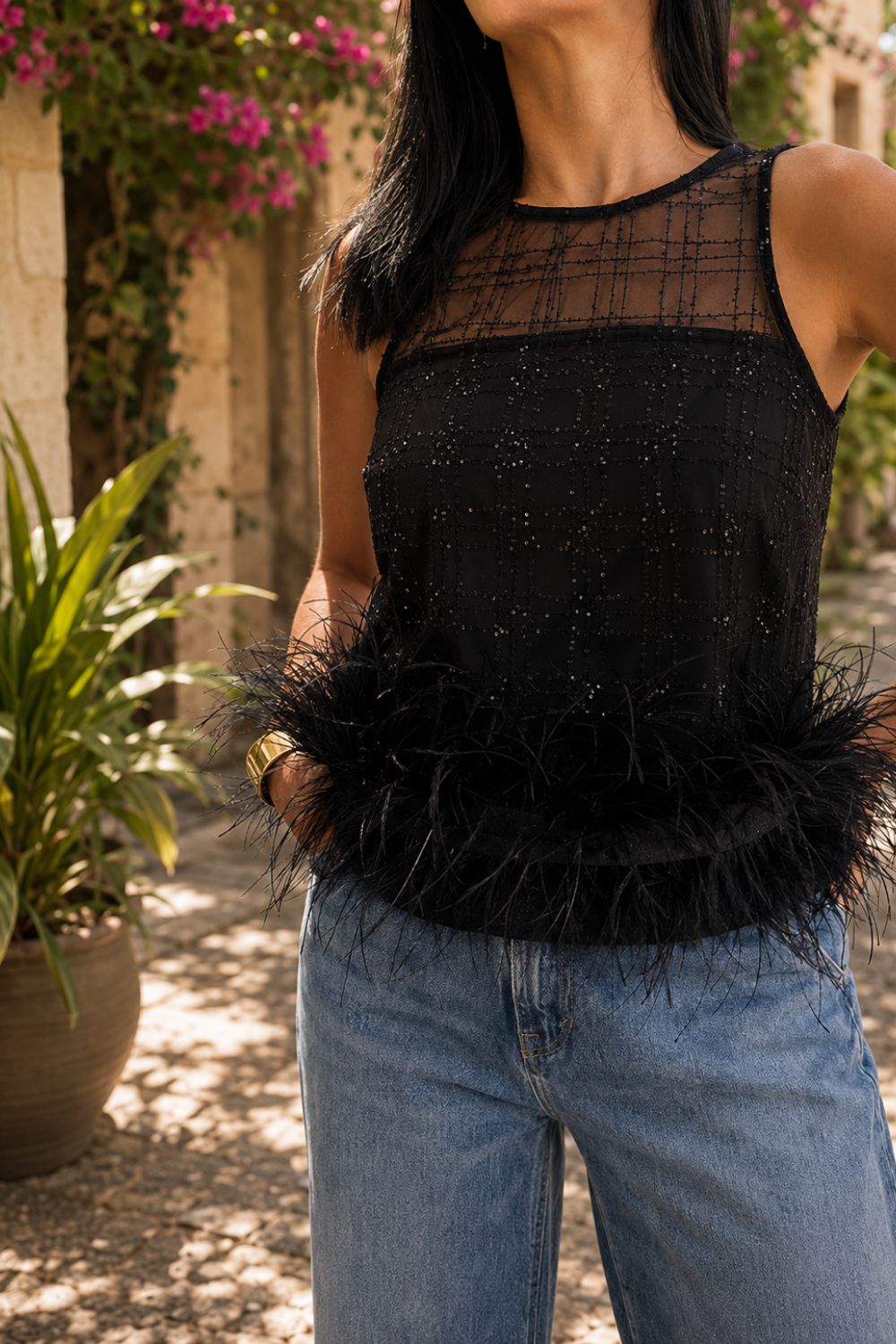 Feather Trim SequinMesh  Top