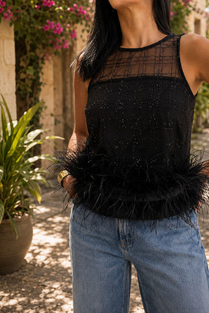 Feather Trim SequinMesh  Top