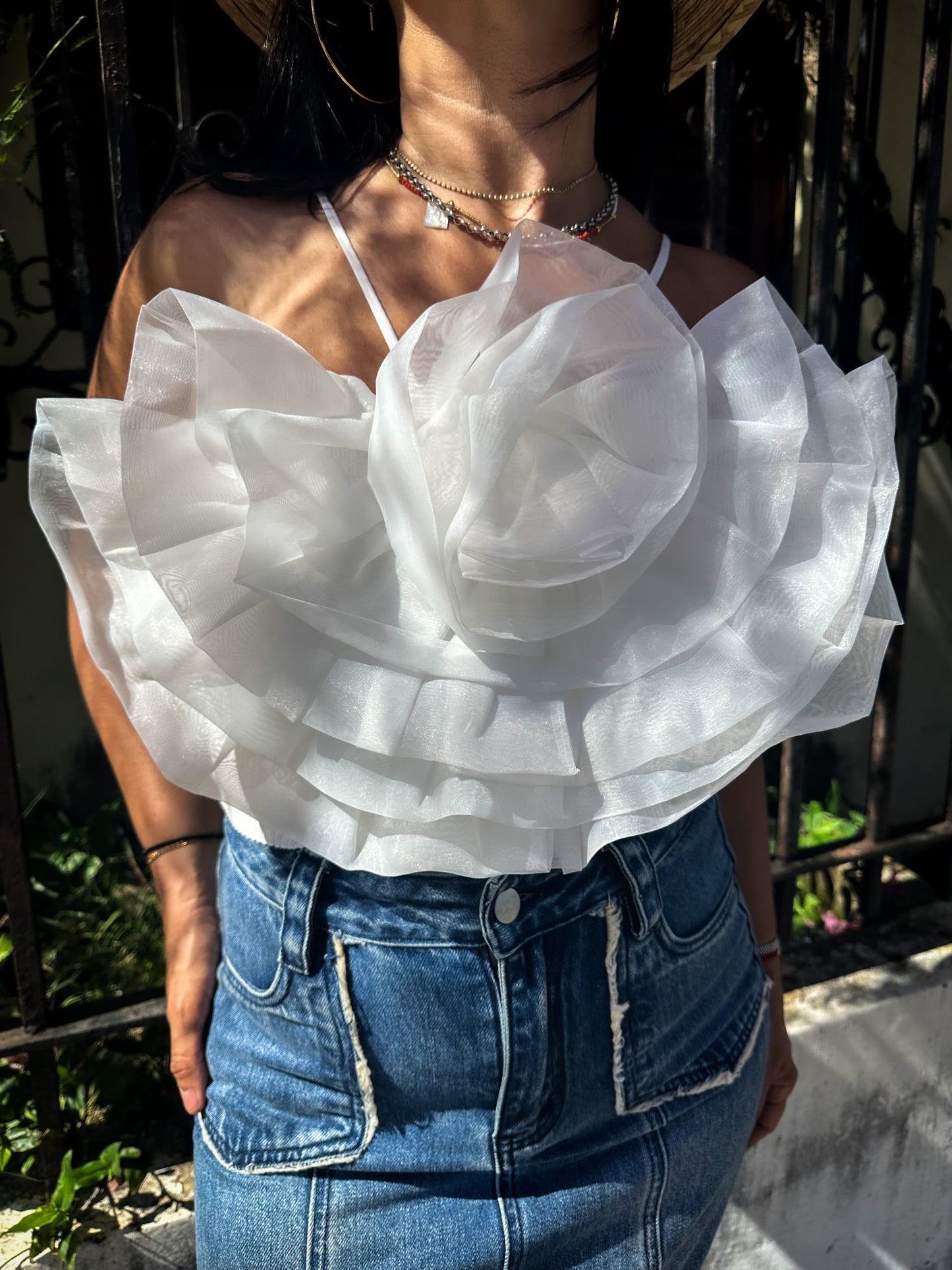 White Flower Organza Crop Top