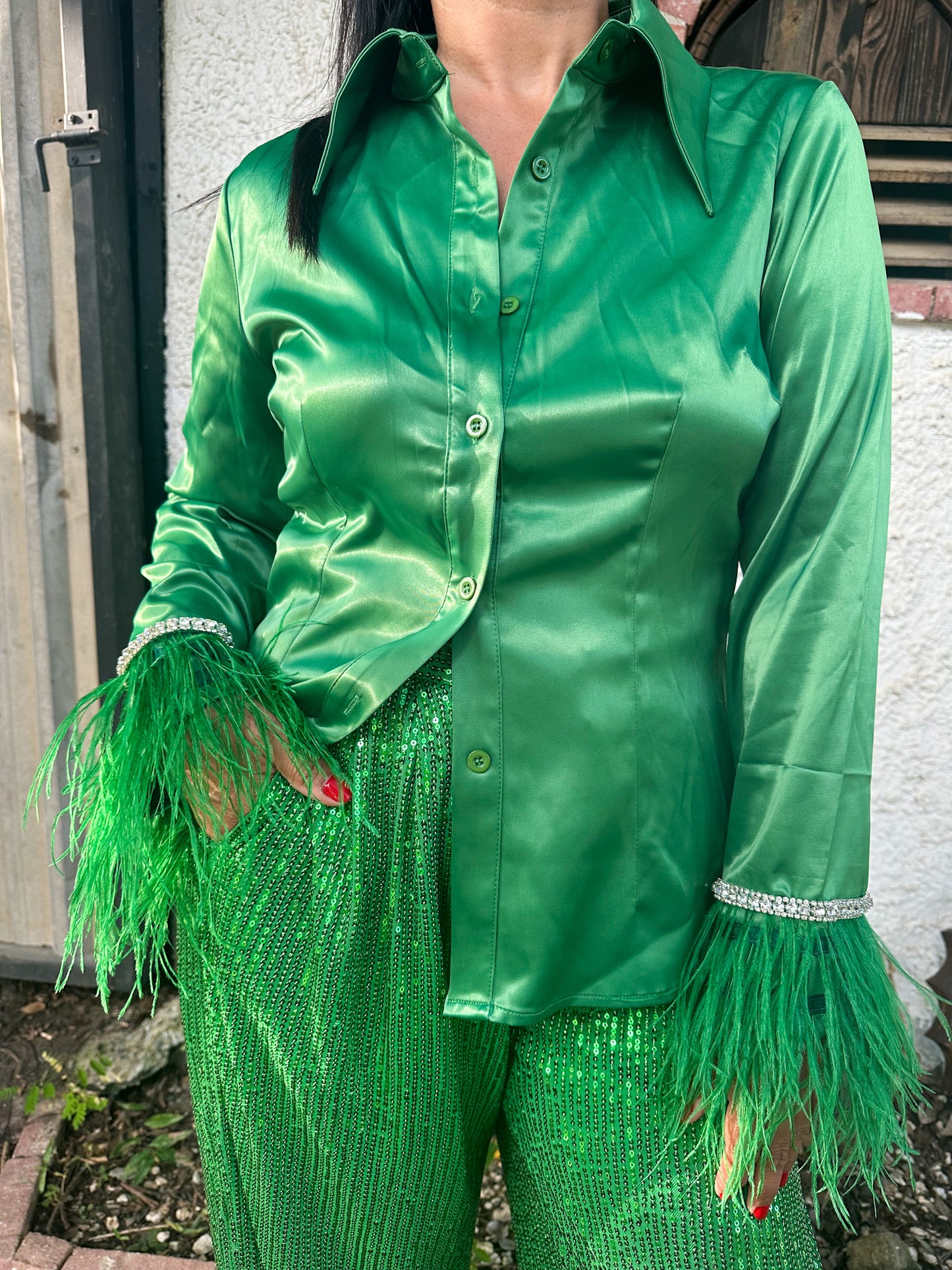 Satin Feathers Green Blouse